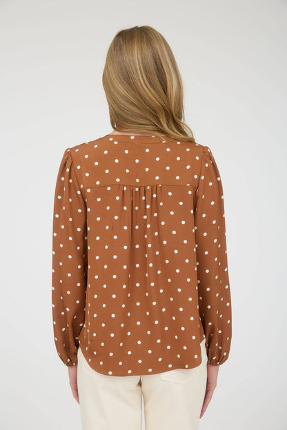 TOPS: POLKA DOT HENLEY LONG SLEEVE BLOUSE
