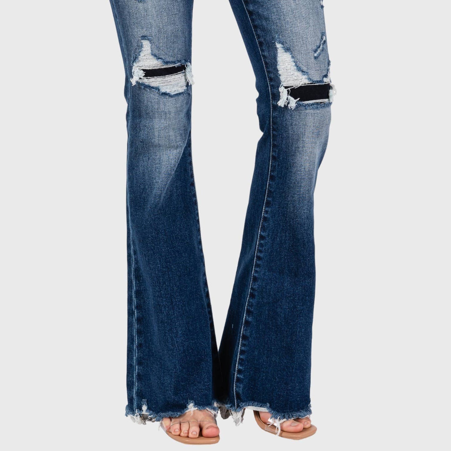 JEANS: DESTROYED PATCH WORK MID RISE FLARE W/ FRAYED HEM