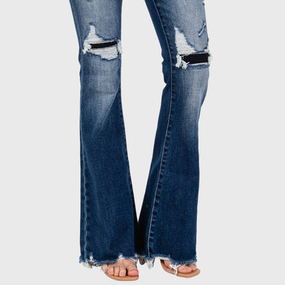 JEANS: DESTROYED PATCH WORK MID RISE FLARE W/ FRAYED HEM