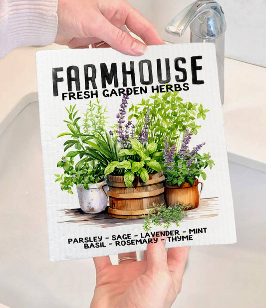Farmhouse Fresh Herbs Basil, Thyme Swedish Dishcloth