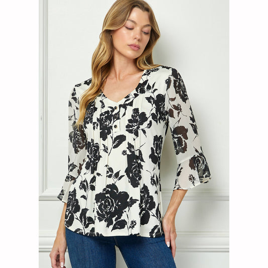 TOPS: EVERBLOOM PLEATED BLOUSE W/ CHIFFON FLARE SLEEVES
