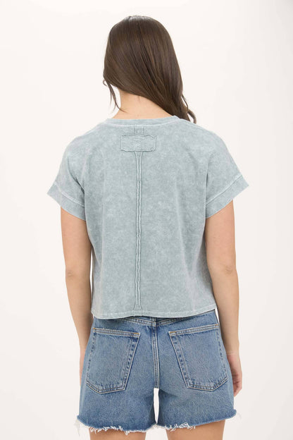 TOPS: WASHED EXTENDED SHOULDER SHORT SLEEVE KNIT TOP