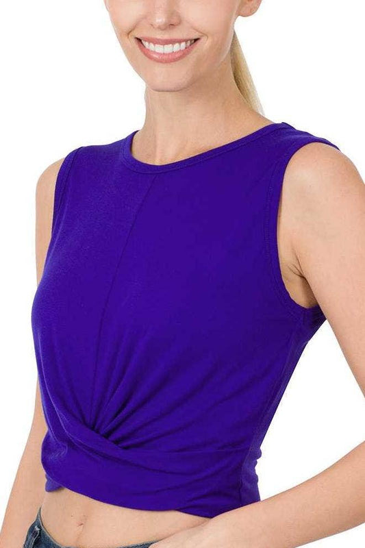 TOPS: Luxe Rayon Twist Front Sleeveless Crop Top