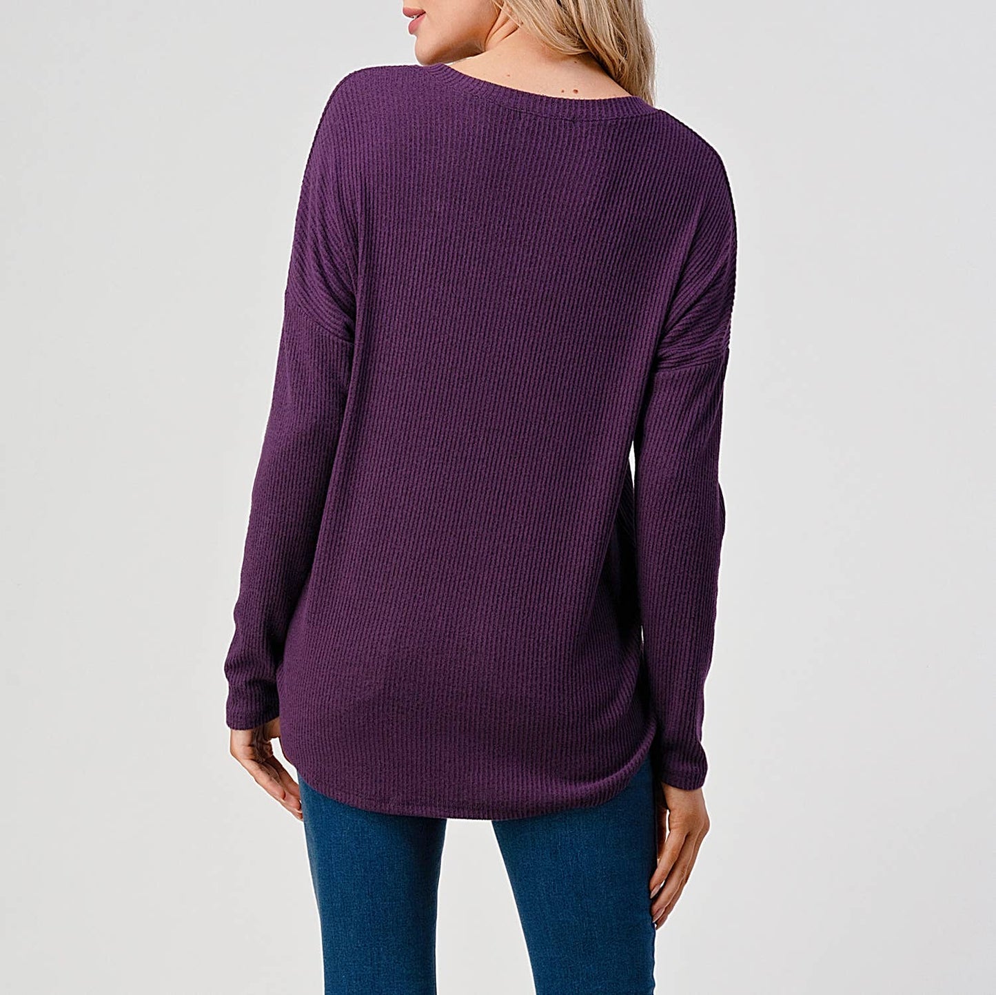 TOPS: V-neck Long Sleeve Loose Fit Brushed Rib Knit Top