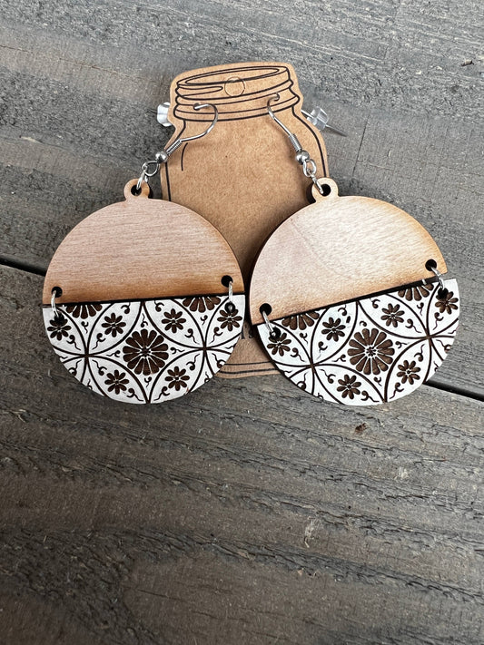 JEWELRY: Laced Flower Split Cream Circle Wood Earrings