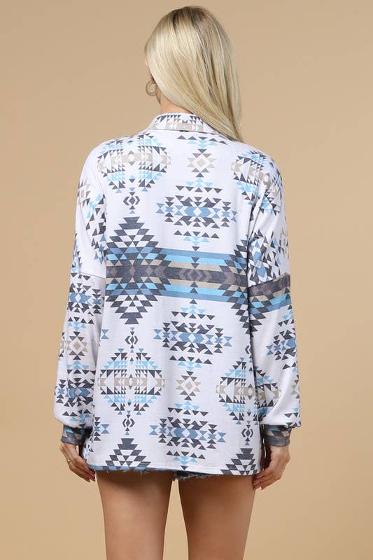 TOPS: VICTORIA GEO PRINT BUTTON DOWN SHACKET