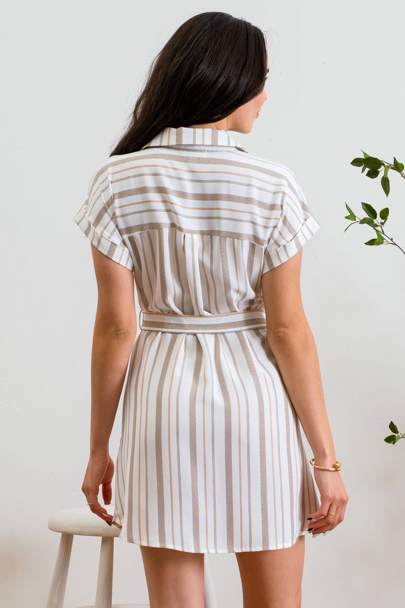 DRESS: STRIPE COLLARED SHORT SLEEVE BELTED SHIRT DRESS