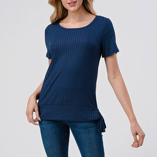 LAST CALL: Short Sleeve Round Neck Relaxed Fit Tie Side Knit Top