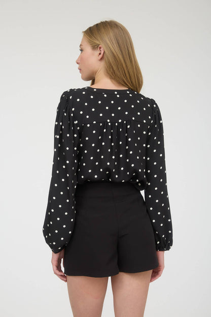 TOPS: POLKA DOT HENLEY LONG SLEEVE BLOUSE