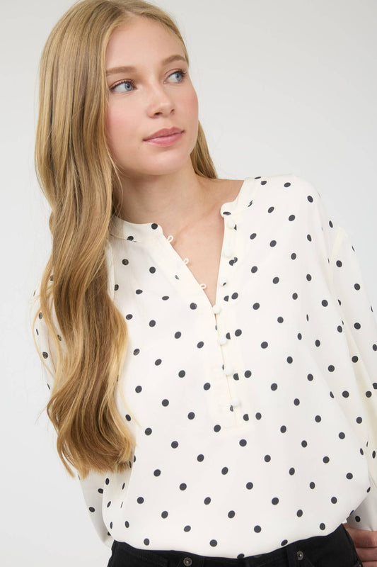 TOPS: POLKA DOT HENLEY LONG SLEEVE BLOUSE