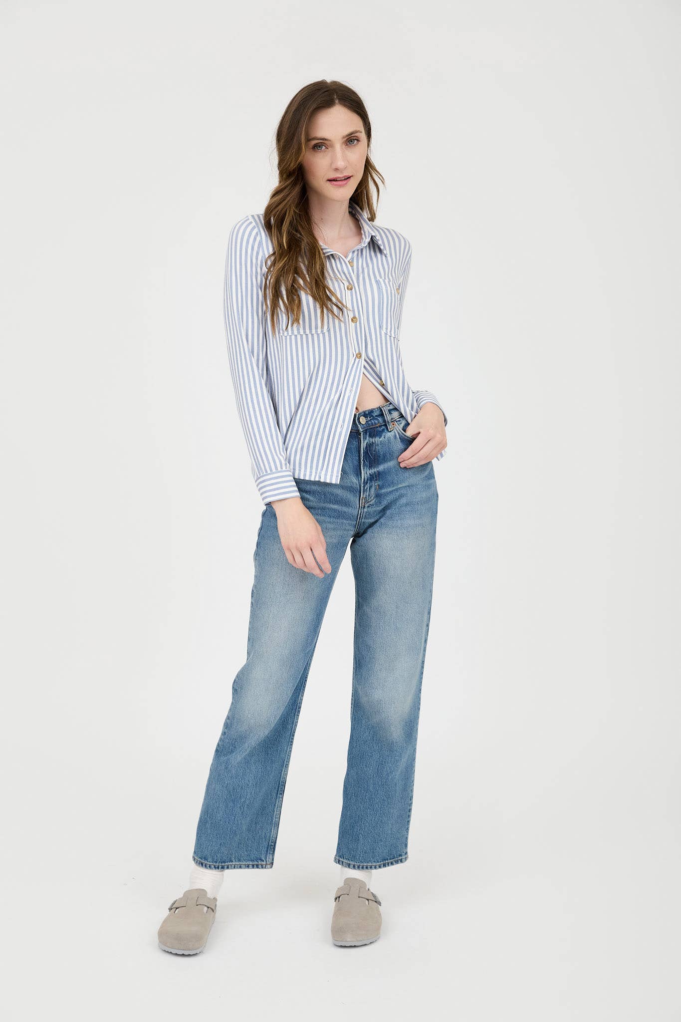 TOPS: STRIPE COLLARED LONG SLEEVE BUTTON DOWN SHIRT