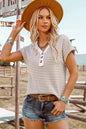 TOPS: Fashion-W Stripe Buttoned Front V Neck Knitted T Shirt