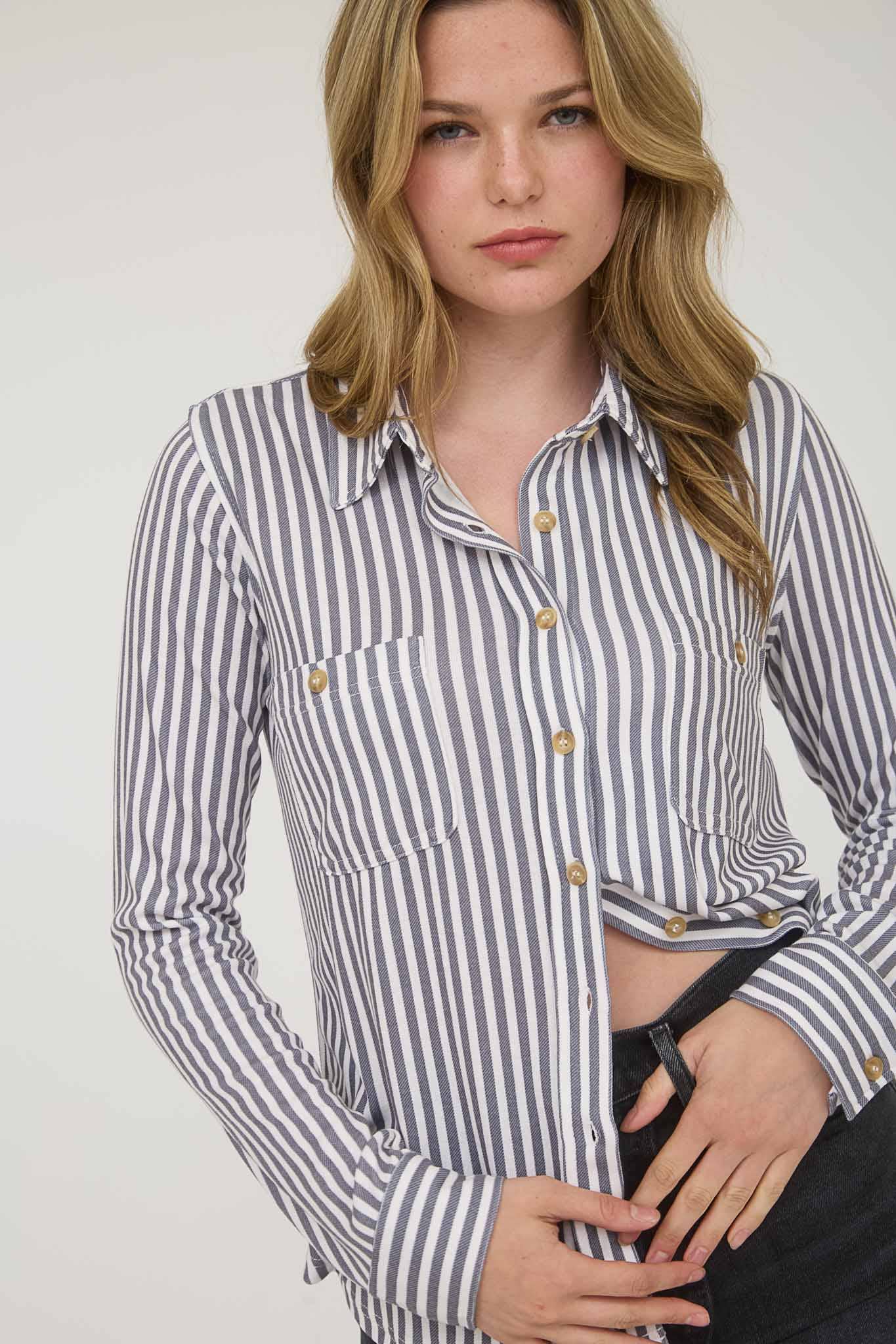 TOPS: STRIPE COLLARED LONG SLEEVE BUTTON DOWN SHIRT