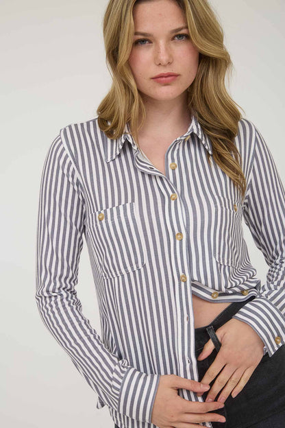 TOPS: STRIPE COLLARED LONG SLEEVE BUTTON DOWN SHIRT