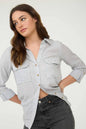 TOPS: STRIPED COLLARED BUTTON DOWN WITH POCKETS: BLACK