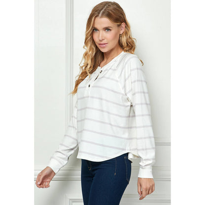 TOPS: LONG SLEEVE STRIPED KNIT TOP WITH BUTTON