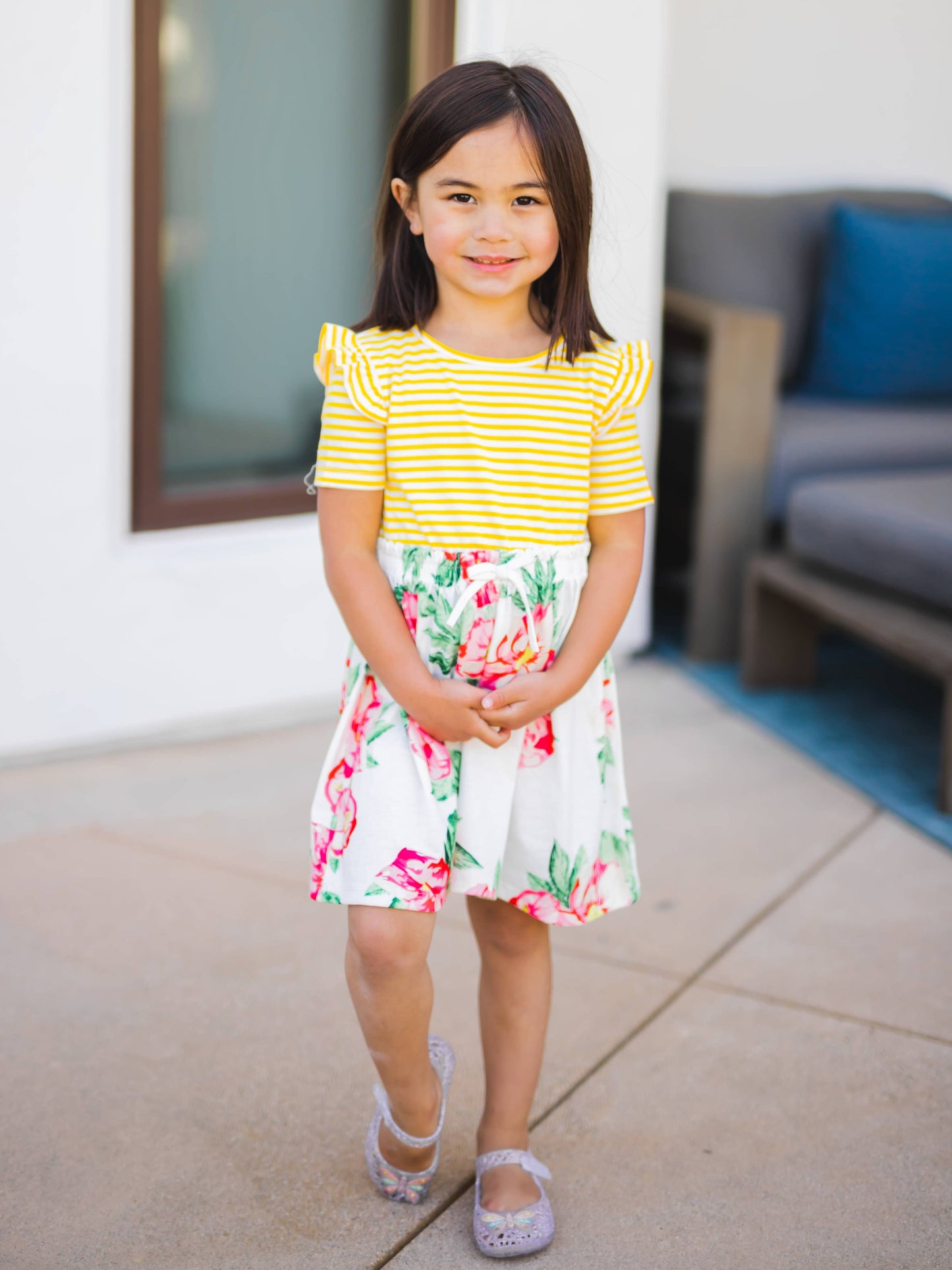 CHILDRENS: Girls Stripe Floral Ruffle Dress