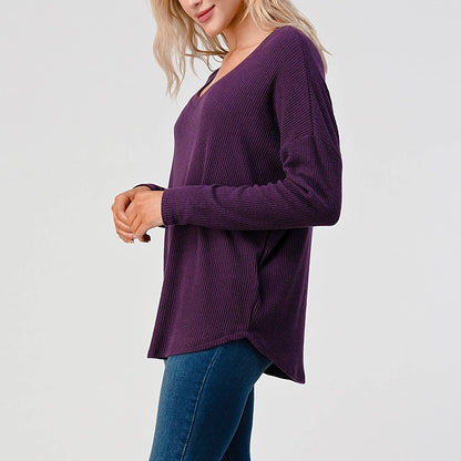 TOPS: V-neck Long Sleeve Loose Fit Brushed Rib Knit Top
