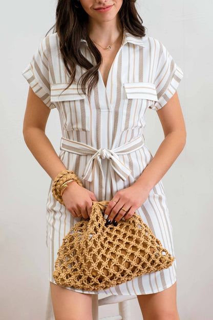 DRESS: STRIPE COLLARED SHORT SLEEVE BELTED SHIRT DRESS