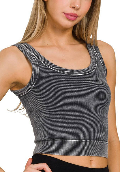 Washed Ribbed Cropped Seamless Scoop Neck Tank Top
