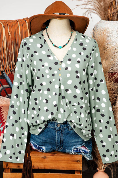 TOPS: Fashion-W Polka Dot Print Button Front V Neck Blouse