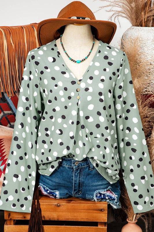 TOPS: Fashion-W Polka Dot Print Button Front V Neck Blouse