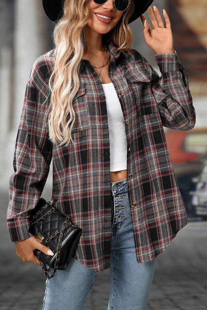 TOPS: Plaid Button Down Shirt with Chest Pockets and Tie Hem
