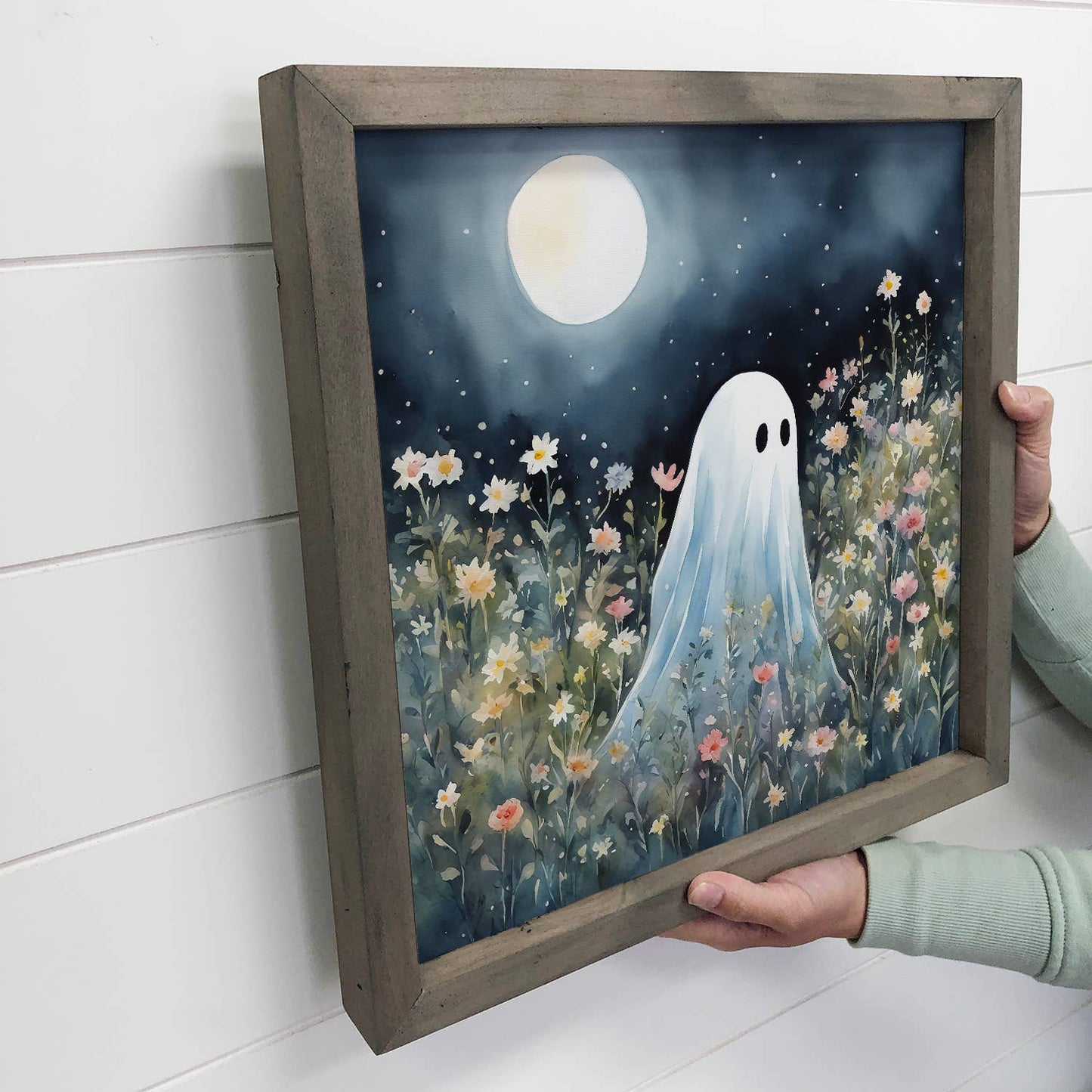 HOME: Cute Ghost in Wildflowers - Halloween Canvas Art - Framed