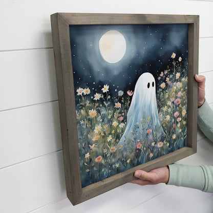 HOME: Cute Ghost in Wildflowers - Halloween Canvas Art - Framed