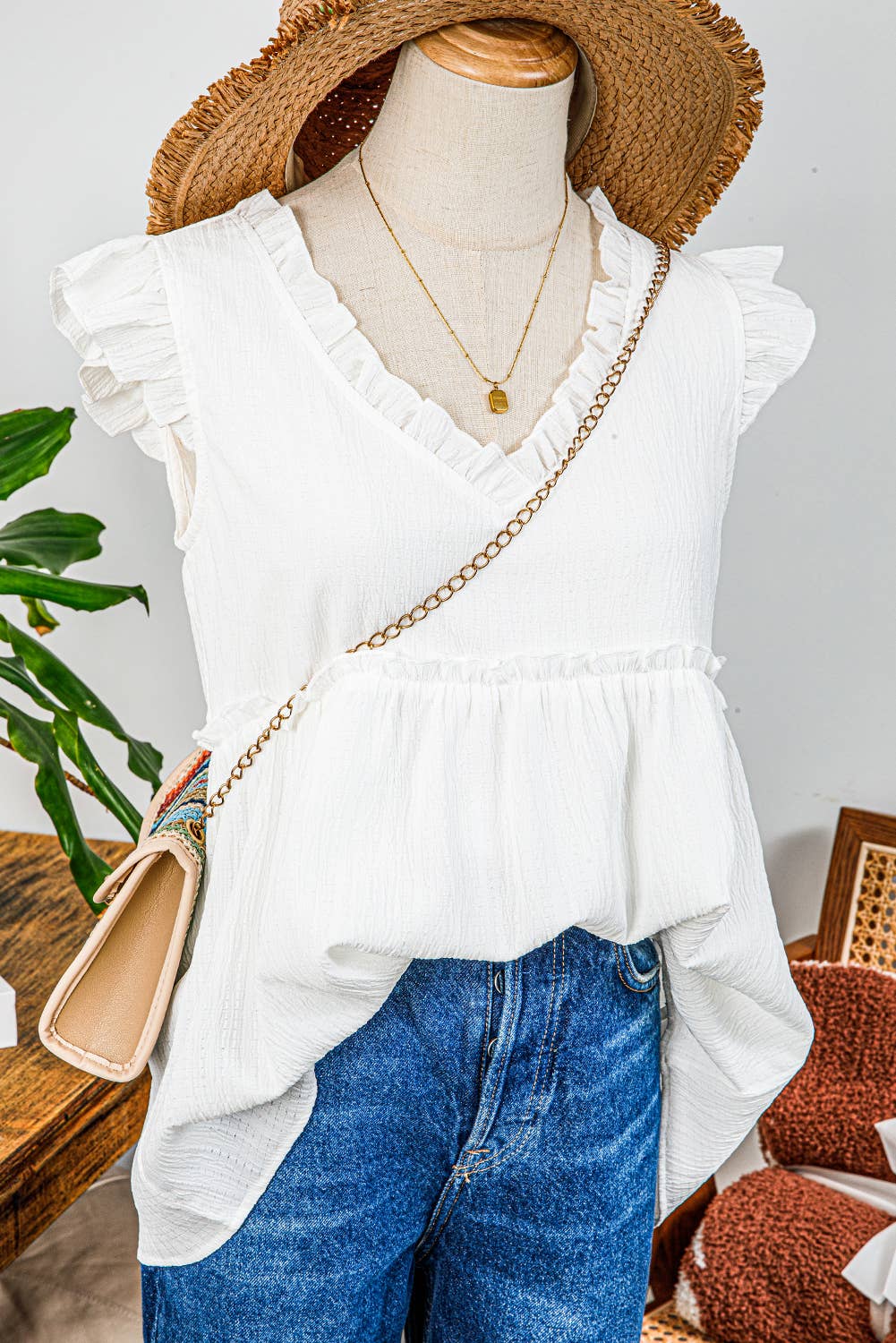 Textured Ruffled Trim V Neck Flutter Flowy Top