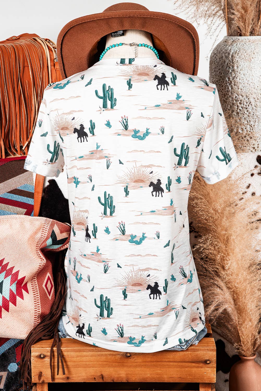 Western Cactus Print Crew Neck Short Sleeve Top