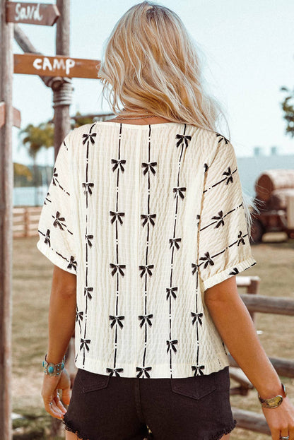 Bow Print Puff Short Sleeve Top