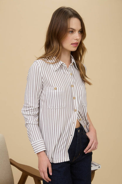 TOPS: STRIPE COLLARED LONG SLEEVE BUTTON DOWN SHIRT