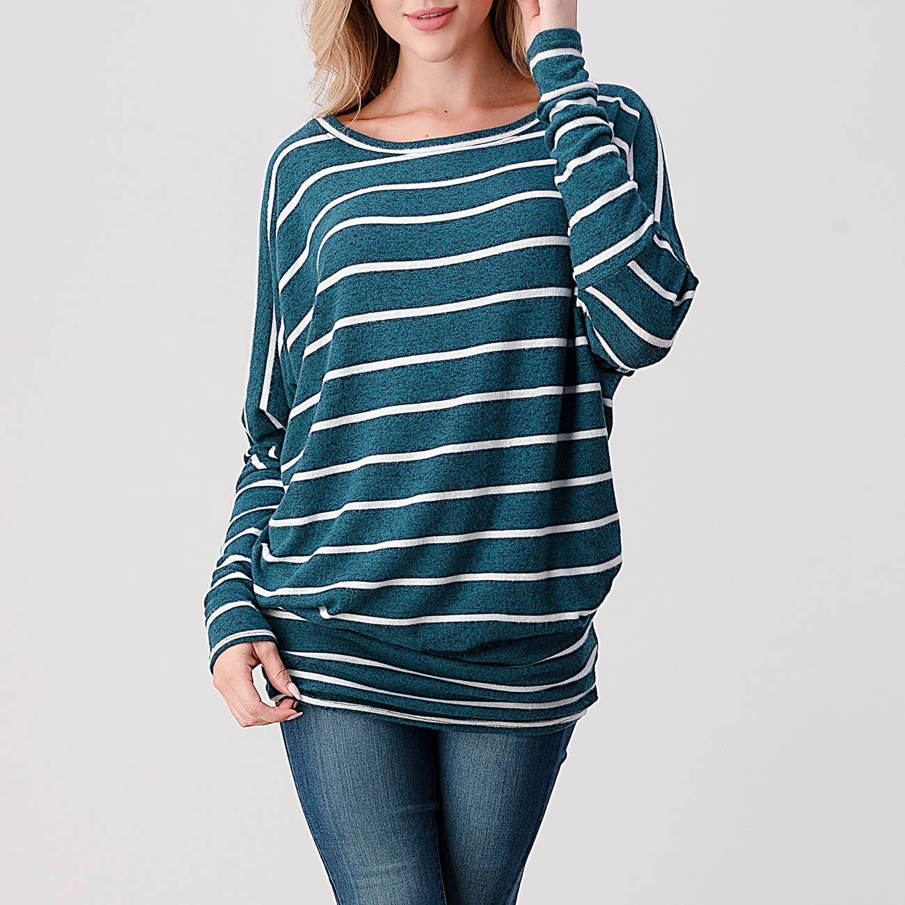 TOPS: Long Dolman Sleeve Stripe Brushed Knit Top, 1217-S