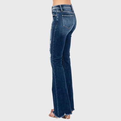 JEANS: DESTROYED PATCH WORK MID RISE FLARE W/ FRAYED HEM