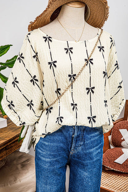Bow Print Puff Short Sleeve Top
