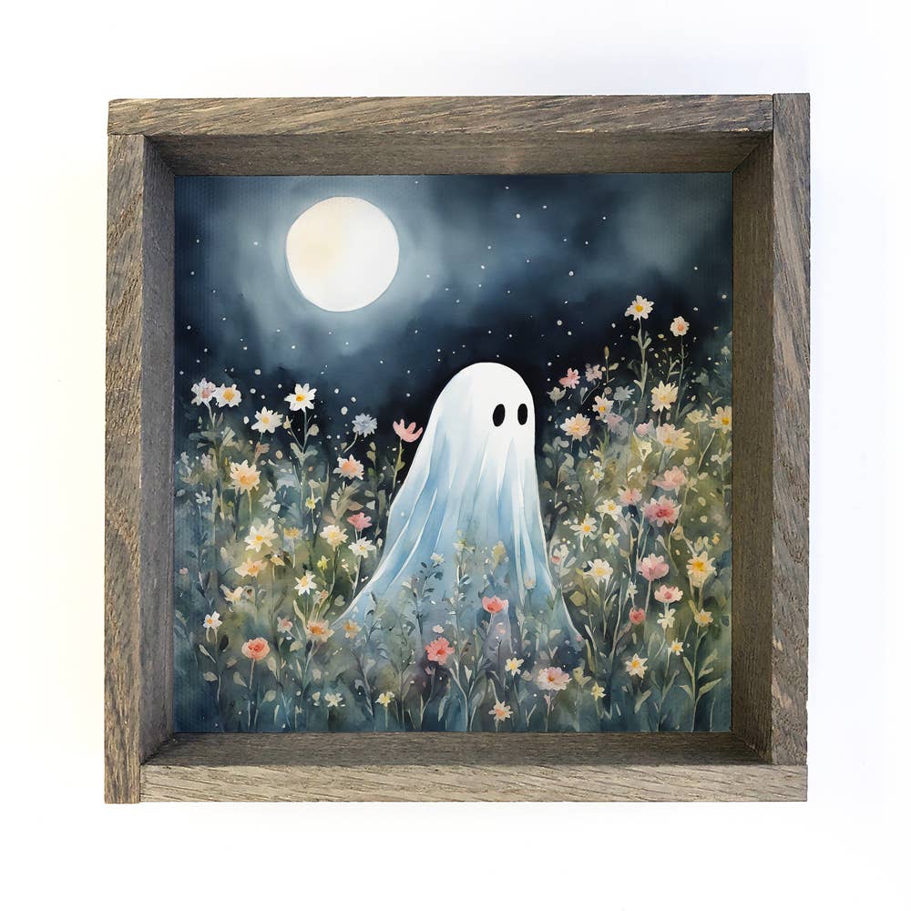 HOME: Cute Ghost in Wildflowers - Halloween Canvas Art - Framed