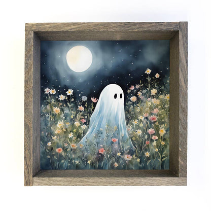 HOME: Cute Ghost in Wildflowers - Halloween Canvas Art - Framed
