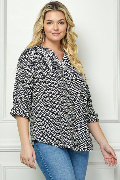 PLUS TOPS: MANDARIN COLLAR  PLAKET  BLOUSE