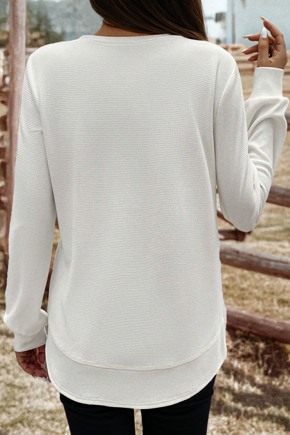TOPS: Fashion-W Rounded Hem Waffle Long Sleeve Top