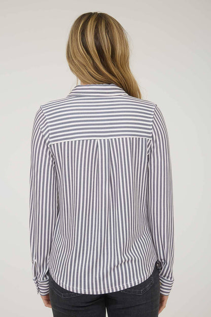 TOPS: STRIPE COLLARED LONG SLEEVE BUTTON DOWN SHIRT