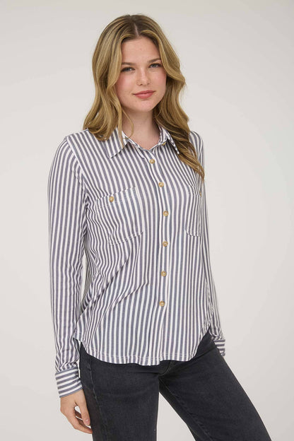 TOPS: STRIPE COLLARED LONG SLEEVE BUTTON DOWN SHIRT