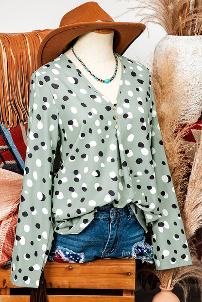 TOPS: Fashion-W Polka Dot Print Button Front V Neck Blouse