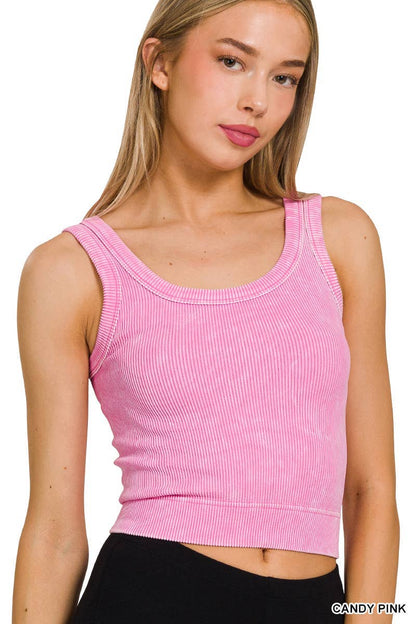 Washed Ribbed Cropped Seamless Scoop Neck Tank Top