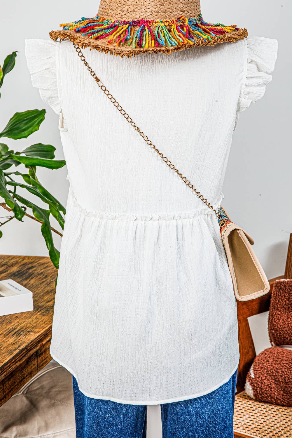 Textured Ruffled Trim V Neck Flutter Flowy Top