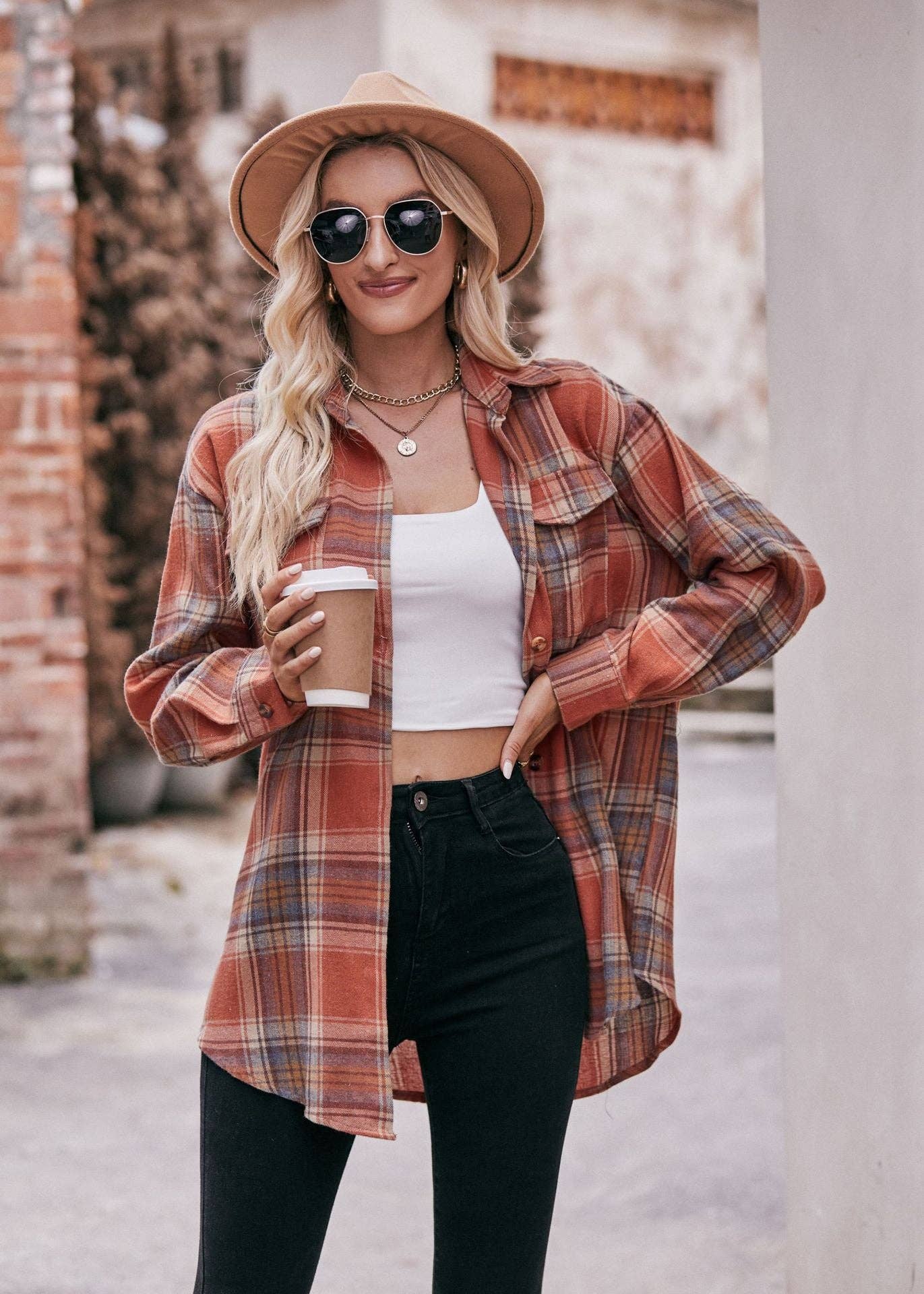 TOPS: Women's Autumn and Winter Casual Fashion Oversized Loose Plaid Shirt