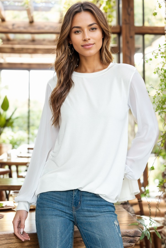 TOPS: SOLID TUNIC TOP WITH CHIFFON SLEEVES