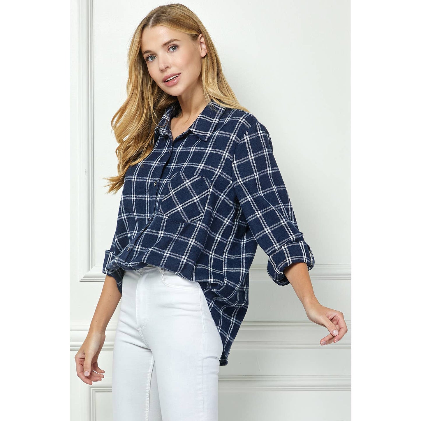 TOPS: PLAID FLANNEL ROLL SLEEVES  COLLAR NECK SHIRTS
