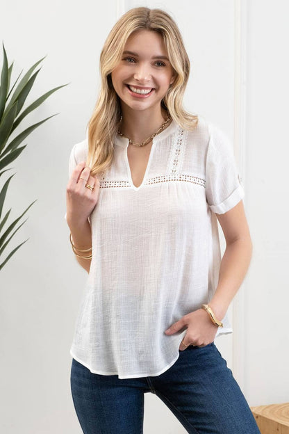 TOPS: SHORT TAB SLEEVE SPLIT NECK  LACE TRIM BLOUSE