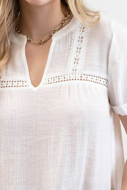 TOPS: SHORT TAB SLEEVE SPLIT NECK  LACE TRIM BLOUSE